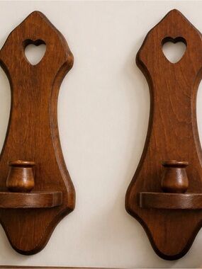 Wooden Heart Wall Sconces Set of 2 Candle Holders Rustic Vintage